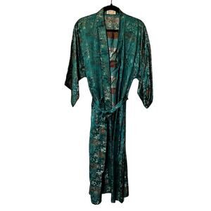 MCM Silk Robe Kimono Wrap Vintage 50s Turquoise Teal Blue Floral Woven Large